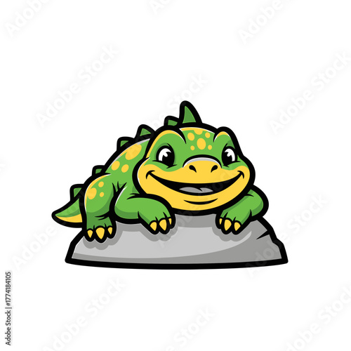 Cartoon green lizard with yellow spots resting on a gray rock with a happy expression.
