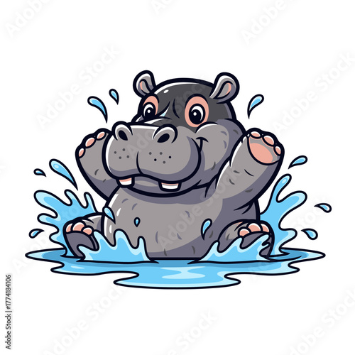 Cartoon illustration of a happy hippopotamus splashing in the water, enjoying a playful moment.