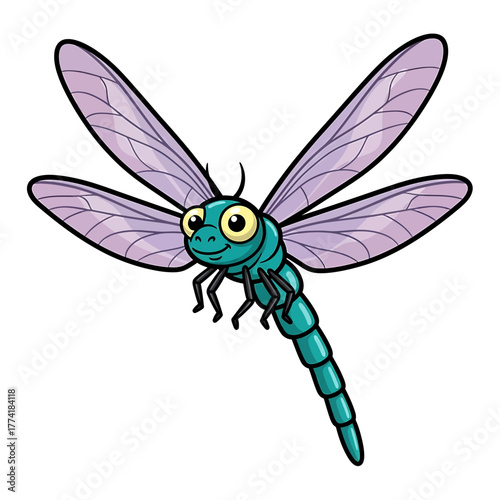 Cute cartoon dragonfly with big friendly eyes and purple wings flying on a white background.