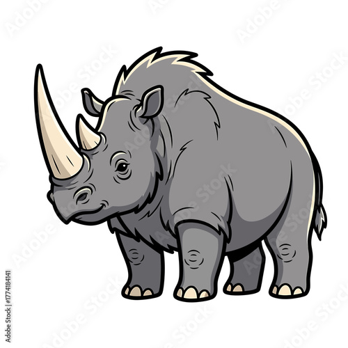 A friendly cartoon rhinoceros with a large horn, standing and looking forward on a white background, depicted in a simple illustrative style.
