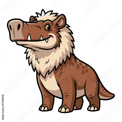 A cute cartoon illustration of a prehistoric entelodont, an extinct mammal known as a hell pig, smiling on a white background.
