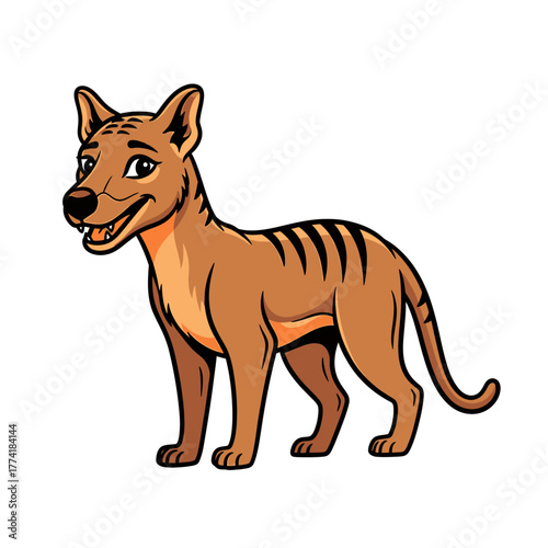 A friendly cartoon illustration of an extinct thylacine, or Tasmanian tiger, standing and smiling on a white background.