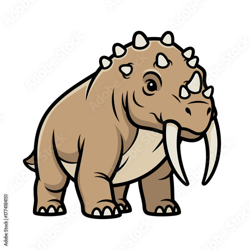 Cartoon illustration of a brown, stout creature with large tusks and spiky bumps on its back and head, resembling a prehistoric or fantasy animal.