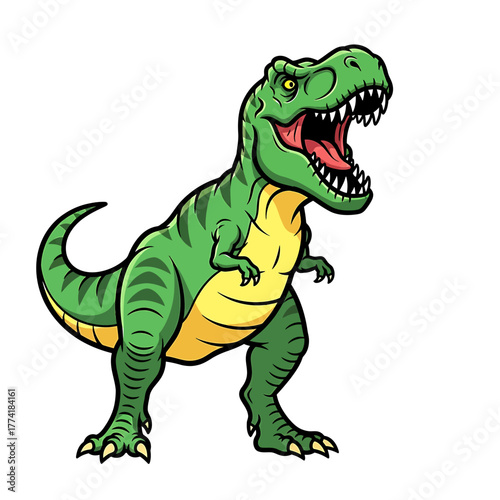 A fierce green Tyrannosaurus Rex dinosaur with its mouth open and sharp teeth visible.