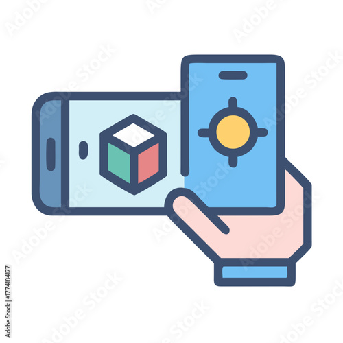 Smartphone showing a cube in augmented reality held by a hand