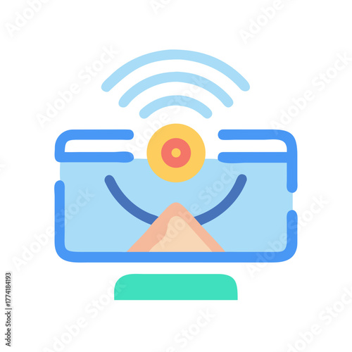 Monitor with webcam and wifi signal, flat graphic style for website or app
