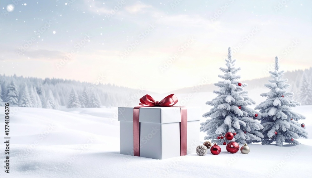 Obraz premium Winter wonderland scene with a present and decorated snowy Christmas