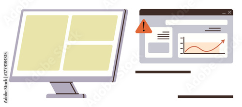 Computer screen with data panels and browser window showing alert icon and upward growth chart. Ideal for business analytics, data management, IT troubleshooting, online risk analysis, performance