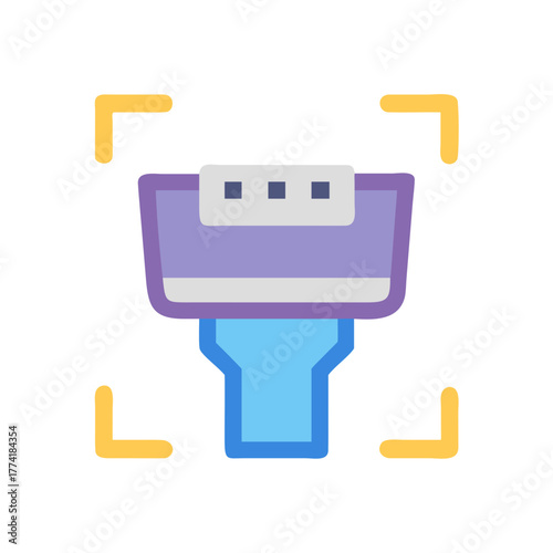 Stylized purple and blue scanning device with a gold corner frame element