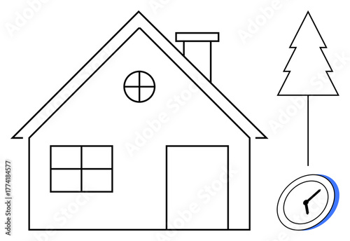 House design with chimney, round and rectangular windows, tall pine tree, and clock. Ideal for architecture, home, minimalism, time simplicity nature lifestyle. A simple flat metaphor