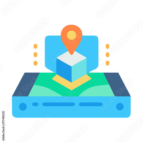 Isometric map projection with location pin marker, cube and device vector icon