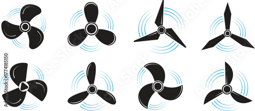 Propeller vector icon set. Aircraft turbine rotor, ship marine engine screw icons isolated on transparent background. Cooling fan icon vector illustration.