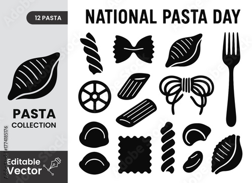 Celebrating national pasta day with various noodle shapes and a fork