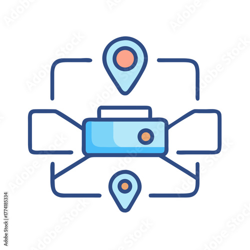 Abstract virtual reality map and location data illustration over black background