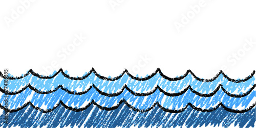 Crayon drawn sea background vector. Ideal for nature, ocean, and childhood art themes. This graphic provides a textured backdrop of wavy water in a coloring-book style.