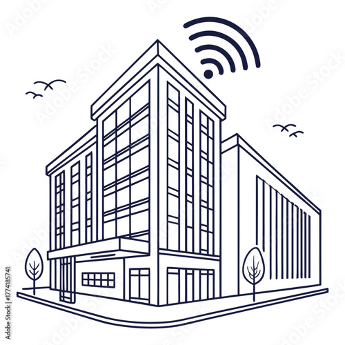 Modern Office Building with Wi- Fi Signal and Birds architecture city