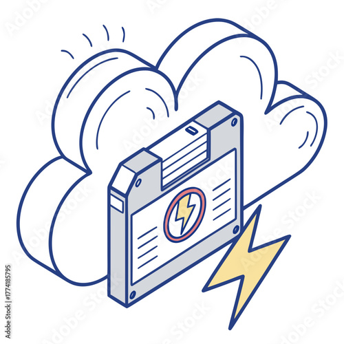 Isometric cloud storage with floppy disk and lightning bolt data save