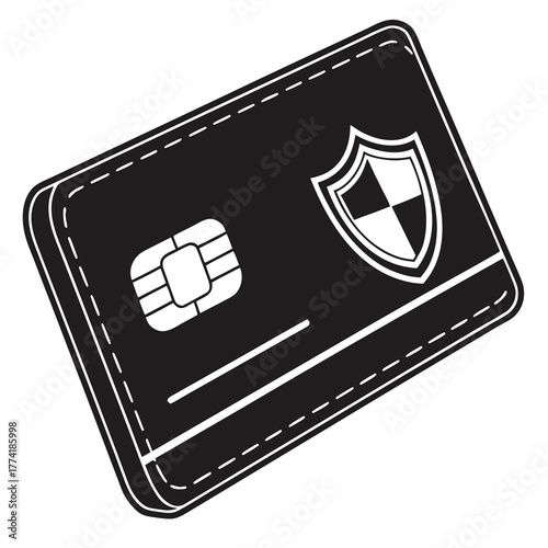 Black and white icon of a credit card with a shield symbol debit card bank card