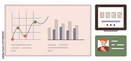 Line and bar charts, numeric data counter, user profile card emphasize analytics, tracking, and reporting. Ideal for business, finance, marketing, performance tracking technology dashboards