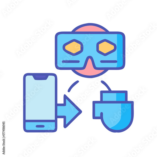 Virtual Reality Connection: Smartphone linking to VR headset and controller icon