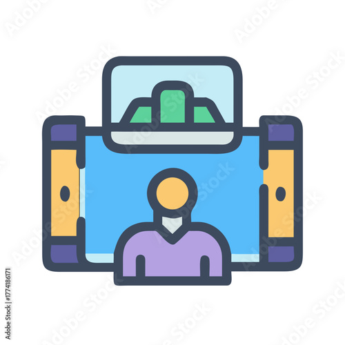 Isolated icon representing virtual conference, featuring a digital screen and participant