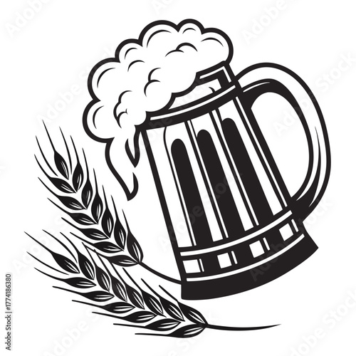 Wooden Beer Mug with Wheat Ears and Foam stein beverage