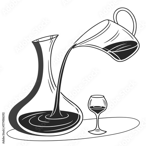 Decanting Red Wine from Carafe into Glass vector illustration