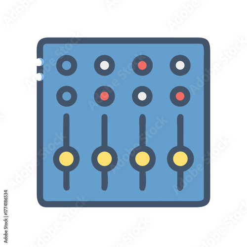 Blue audio mixing console illustration with multiple faders and button controls