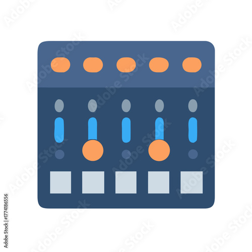 Minimalist illustration of audio mixer console featuring slider controls, knobs, and rounded shape