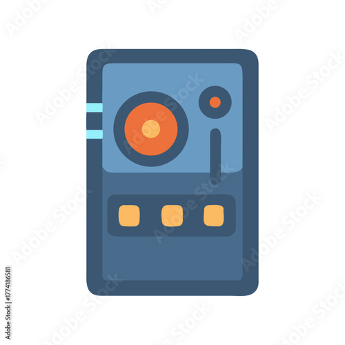 Retro electronic device graphic with circle dials and buttons on a black background