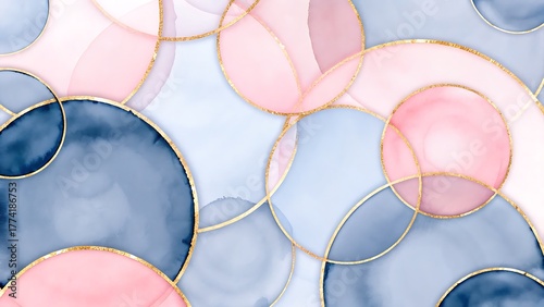 Abstract watercolor circles in shades of pink blue and gold creating a modern and elegant design