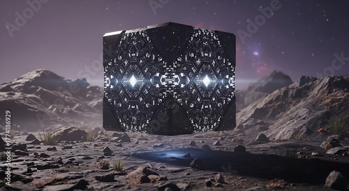An enigmatic dark crystalline structure with intricate glowing patterns floats silently over a desolate extraterrestrial terrain, hinting at advanced alien technology under a starlit sky