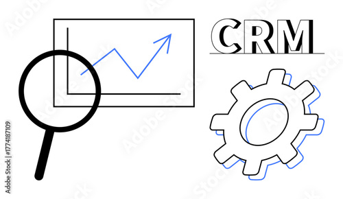 Magnifying glass focuses on upward graph beside bold CRM text and gear. Ideal for analytics, customer management, business optimization, strategy, productivity, automation, teamwork. Simple flat