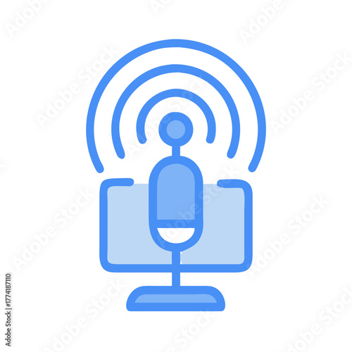 Flat design illustration of a microphone and monitor indicating online podcasting
