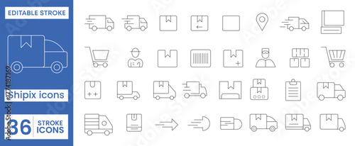 Delivery and Logistics Line Icons Set — 36 Editable Stroke Shipping, Courier, and E-Commerce Outline Vector Illustration on White Background