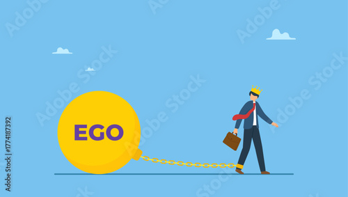 Confidence businessman wear king crown chain with heavy EGO burden weight. Ego burden, too much confident boss, narcissism and self involvement problem, self esteem and self important mistake.