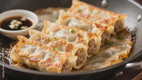 Chinese pan-fried dumplings with crispy crust and dipping sauce.