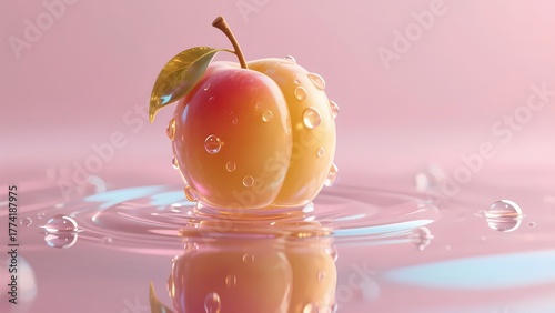 Fresh peach with water droplets on pink water background.