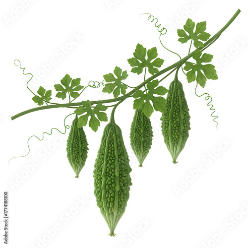 A vibrant green bitter melon vine with multiple fruits and leaves showcasing its unique bumpy texture isolated on transparent background