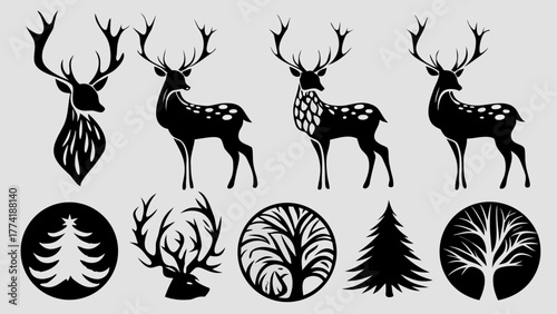 Elegant reindeer and tree silhouettes for winter holiday crafts, perfect for rustic decor and Christmas designs with a touch of nature's beauty