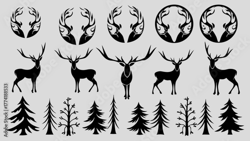 Elegant stag deer and forest trees silhouettes, perfect for rustic holiday designs or natural woodland themes in your next creative project, impactful nature elements
