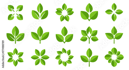 Diverse Collection of Green Leaf Vector Icons and Logo Elements for Nature Design