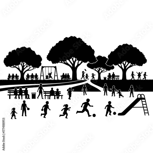 Silhouette illustration of a bustling park with adults and children enjoying playground activities and leisure.