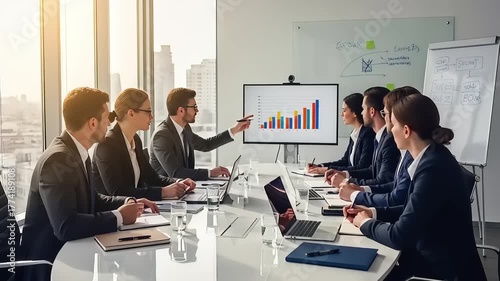 Corporate team in a modern boardroom analyzing financial growth charts during a strategic presentation