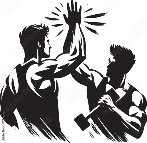 Sumi-e Style Illustration of Two Muscular Men High-Fiving in Mon
