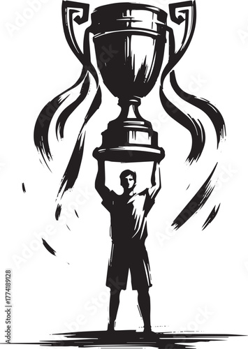 Champion's triumph: Man holding aloft a stylized, imposing troph