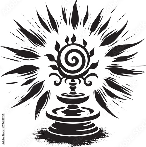 Mystic symbol fountain illustration, minimalist sumi-e art style