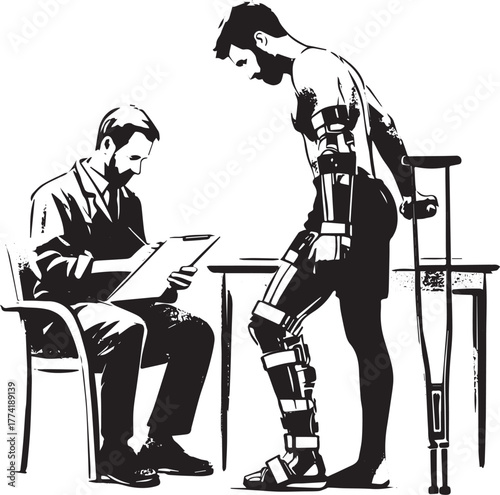 Monochrome illustration depicting rehabilitation progress docume