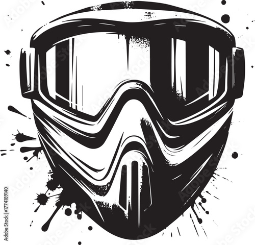 Paintball safety mask ink drawing, action sport protective gear