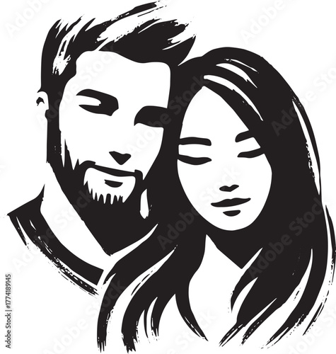 Minimalist Sumi-e Style Icon of Interracial Couple in Love and T